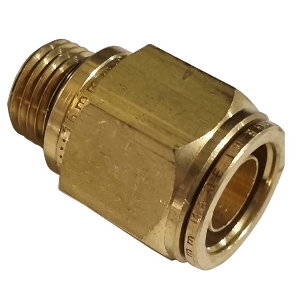 16mm HOSE x M16 METRIC MALE - STRAIGHT MALE CONNECTOR - BRASS PUSH FIT BRAKE - NFP10516M16M