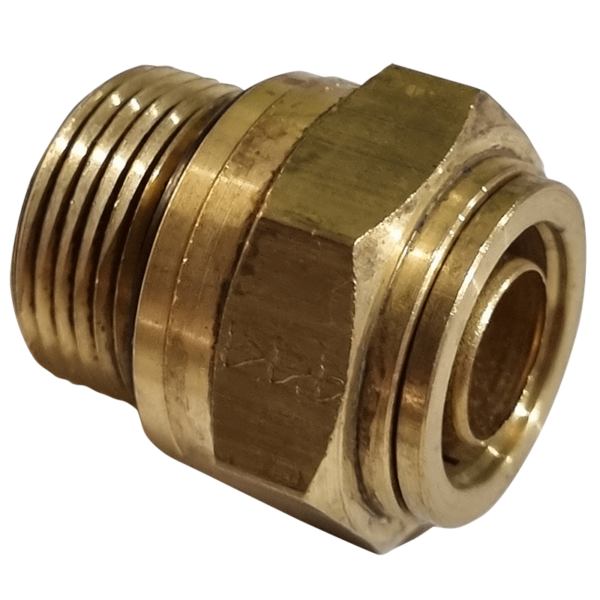 16mm HOSE x M22 METRIC MALE - STRAIGHT MALE CONNECTOR - BRASS PUSH FIT BRAKE - NFP10516M22M
